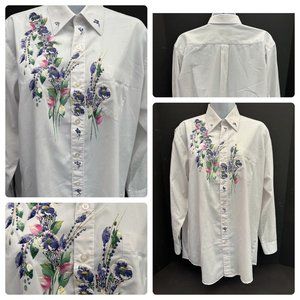 Vintage 80'sWhite with  Embroidered flowers Embellished Front Button Up Shirt